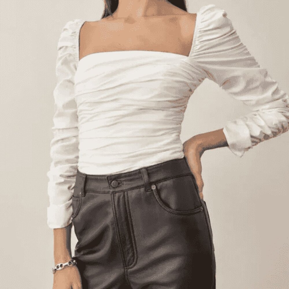 Reformation womens white ruched long sleeve square neck Joi Top blouse size 0